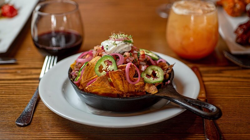 Nachos appetizer in a skillet